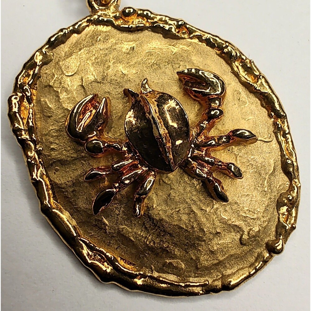 Vintage Gold Tone Cancer Zodiac Sign Pendant Necklace 25" Chain ART Crab